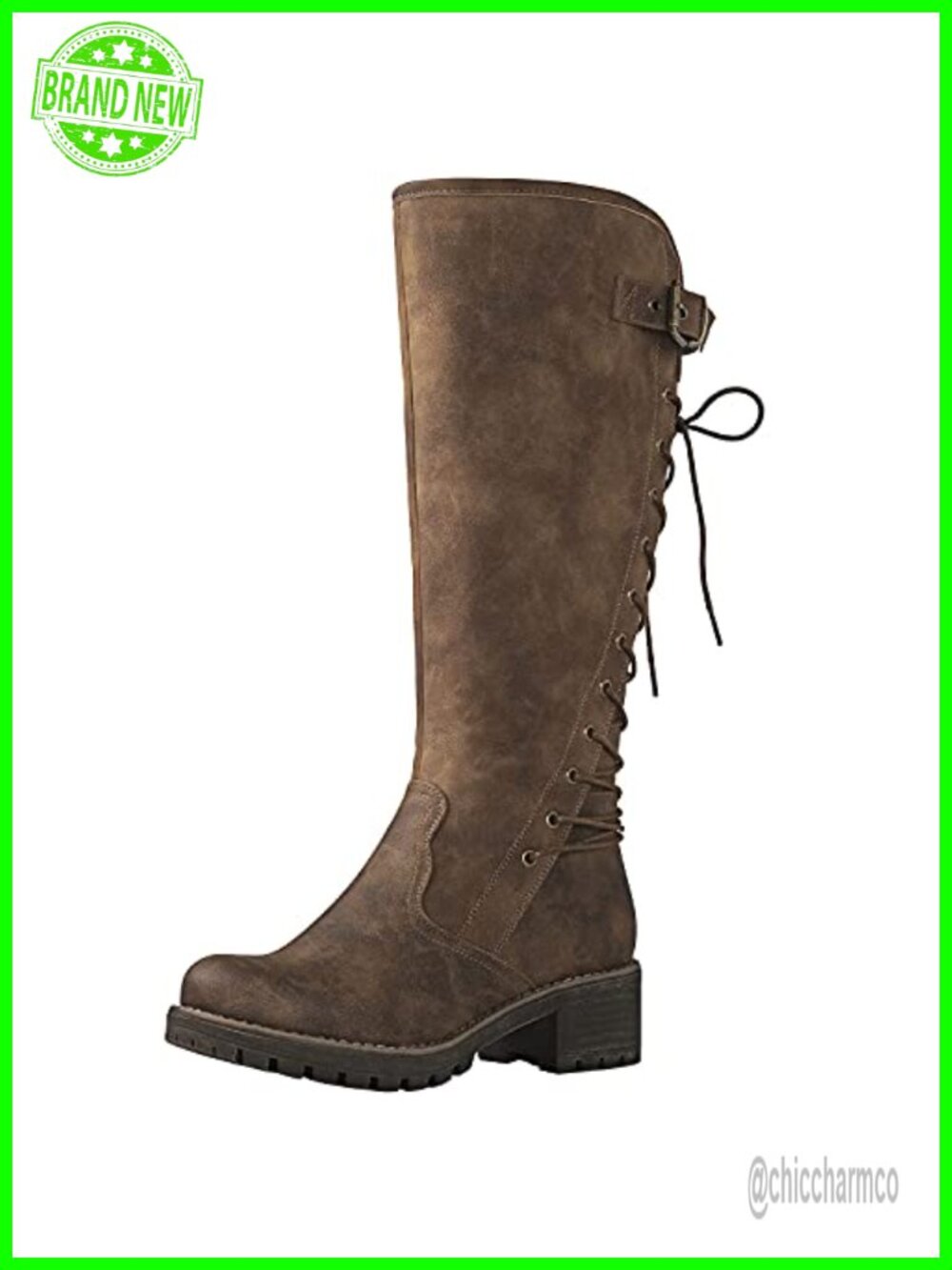 Vegan Leather Knee-High Lace-Up Back Boots Block Heel Side Zip